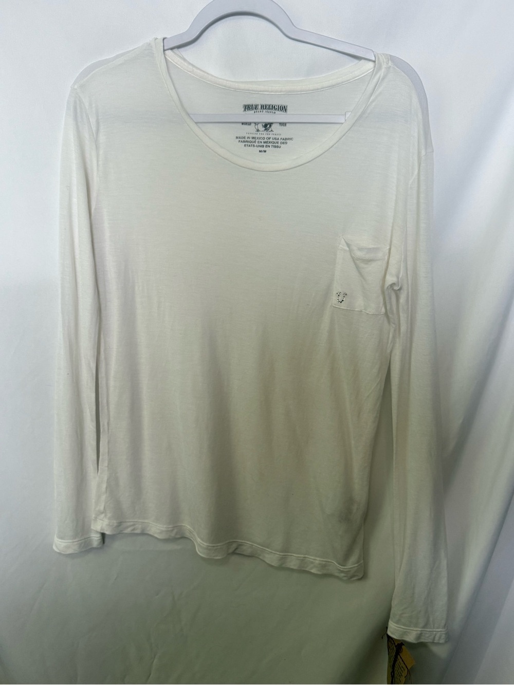 True Religion Long Sleeve Pocket Tee in Off-White Super Thin Soft Sz M NWT
